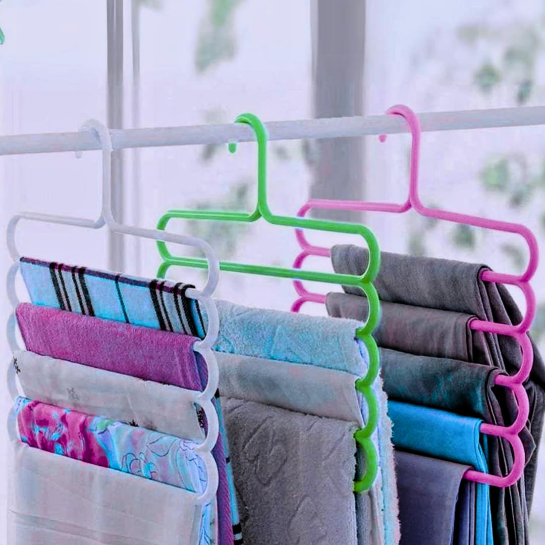 5 Layer Cloth Hanger (Set of 3) | Wardrobe Storage Organizer | Multi-Layer Cloth Hangers | Plastic Cloth Hanger for Shelf 5 Step Multi Colour